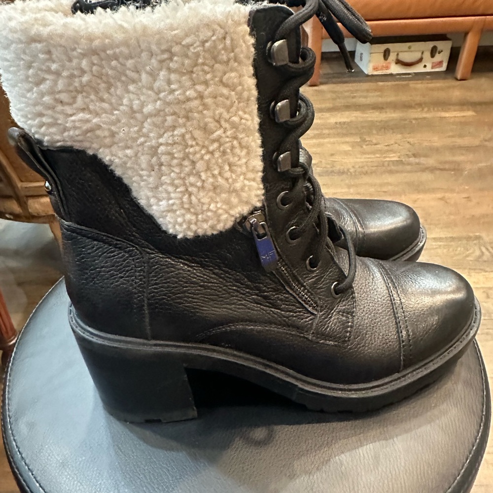 Marc Fisher Black Combat Boots with Cream Fur Trim